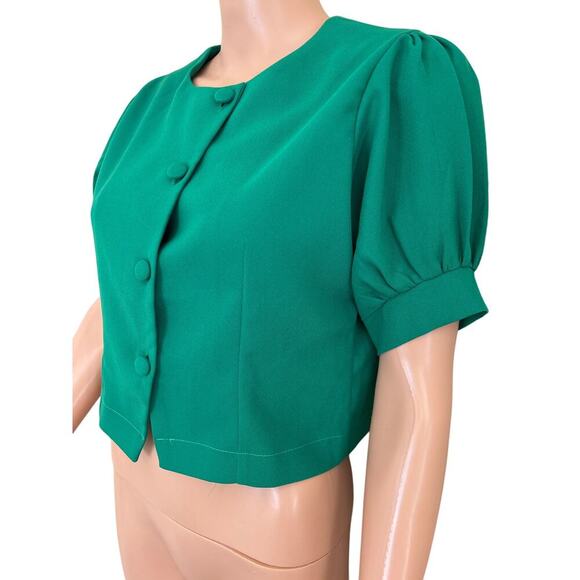 Vera Moda Kelly green blazer button up short puff sleeve career wear SZ M granny - Picture 3 of 8